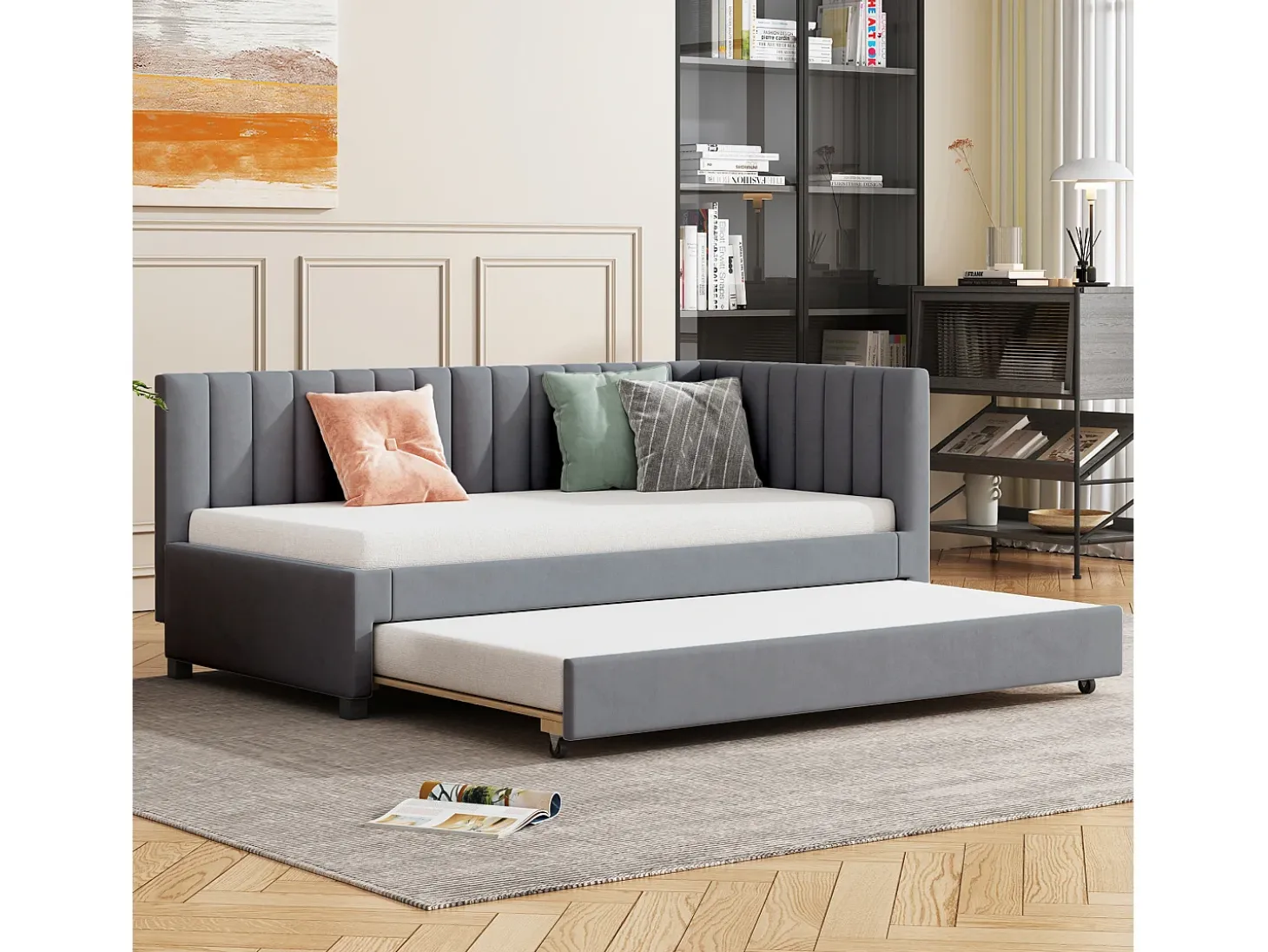 Cama dobrável 90 x 190/200 cm - sofá-cama de veludo - base de ripas - cinza