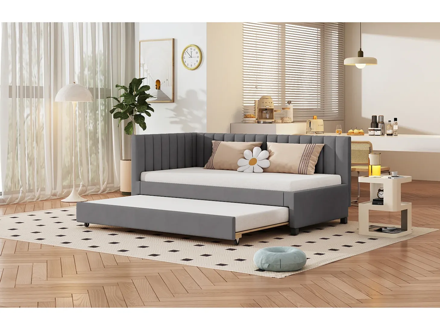 Cama dobrável 90 x 190/200 cm - sofá-cama de veludo - base de ripas - cinza