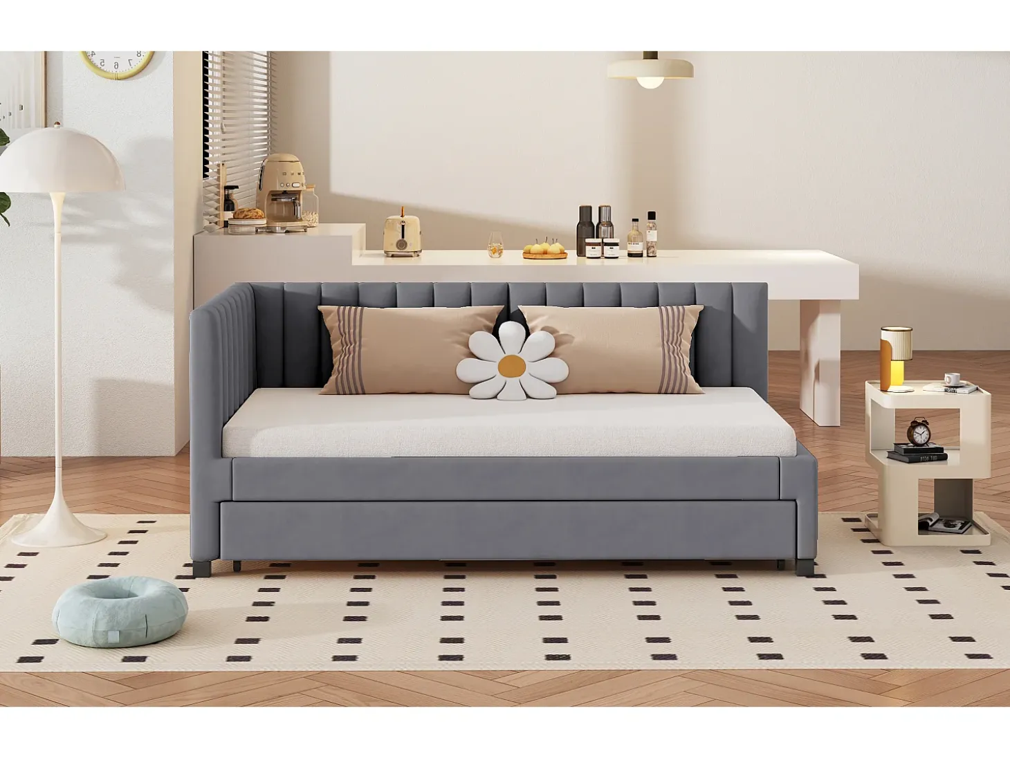 Cama dobrável 90 x 190/200 cm - sofá-cama de veludo - base de ripas - cinza