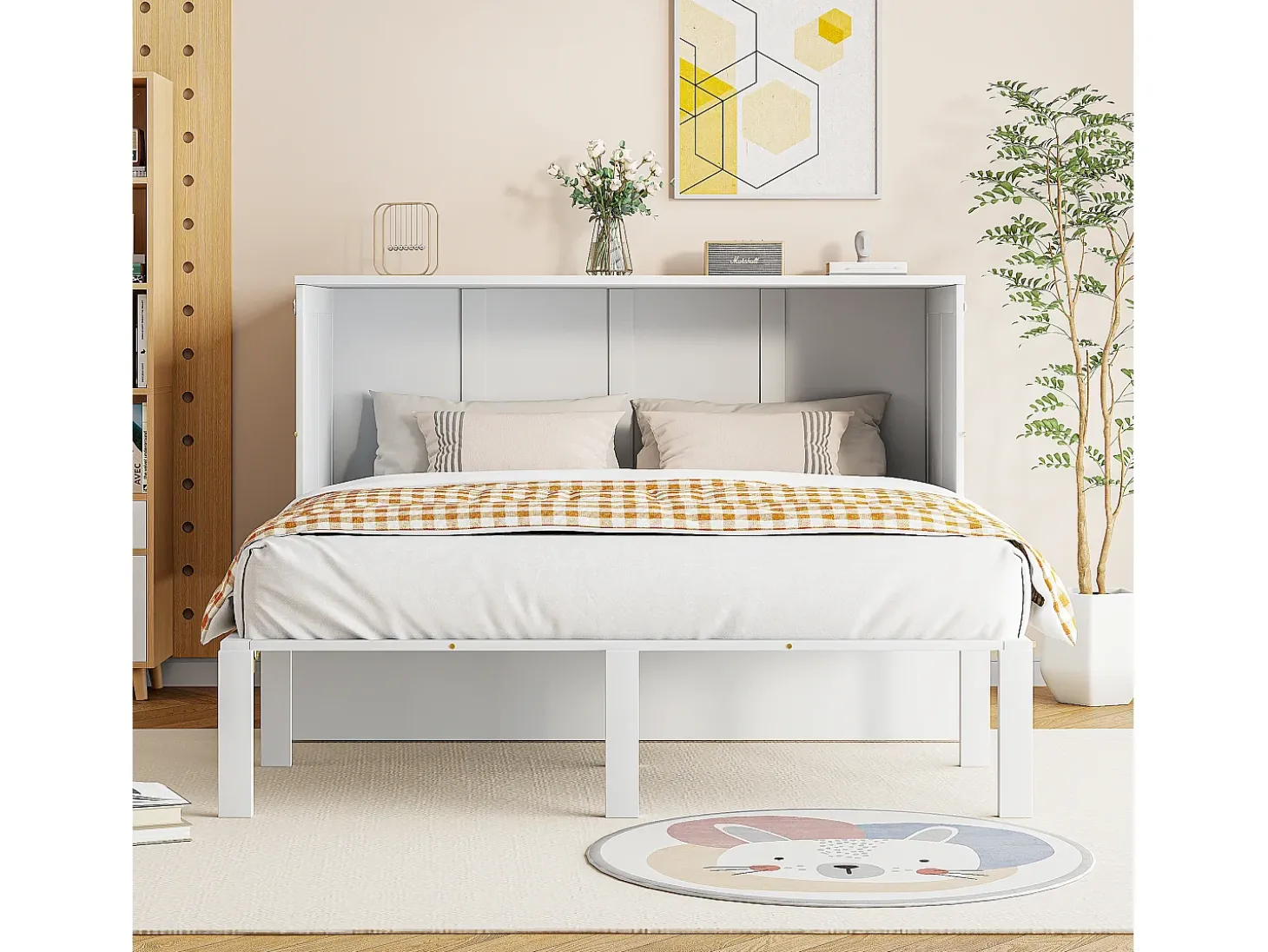 Cama dobrável vertical 140 x 200 cm - Madeira MDF - Base de ripas - Branco