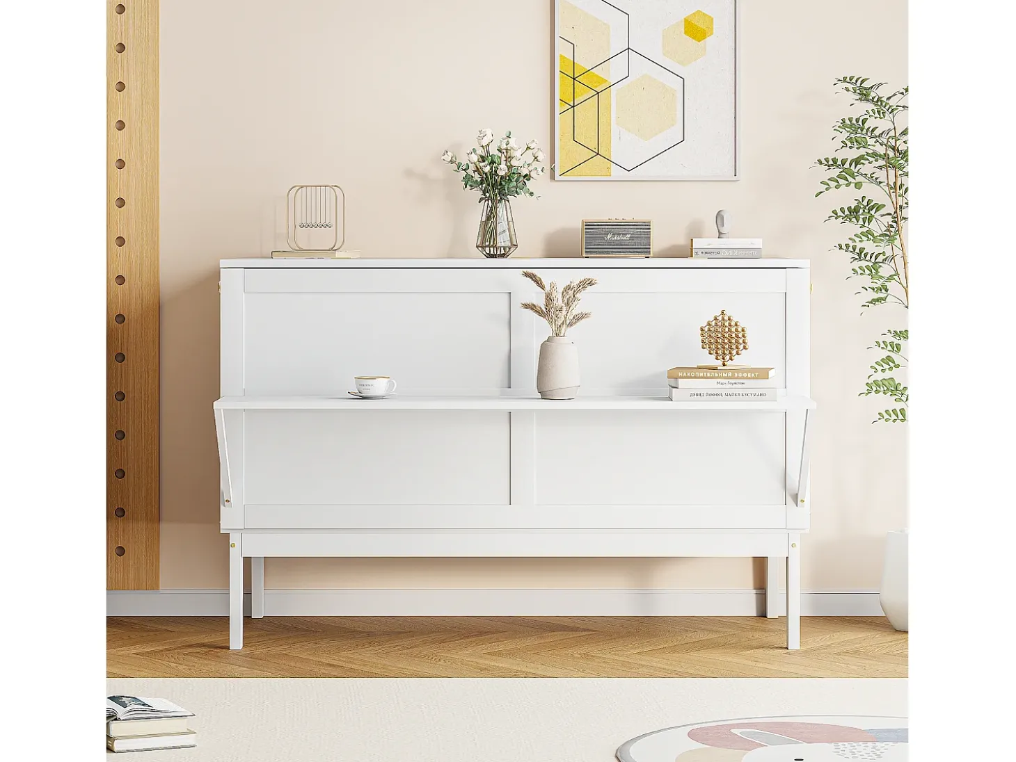 Cama dobrável vertical 140 x 200 cm - Madeira MDF - Base de ripas - Branco