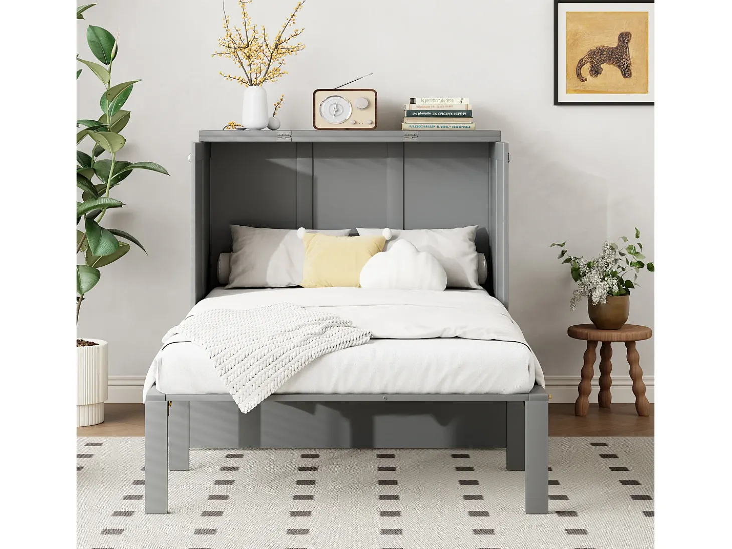 Cama dobrável vertical 90 x 200 cm com base de ripas, compensado + MDF, cinza (sem colchão)