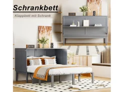 Cama dobrável vertical 140 x 200 cm - Madeira MDF - Base de ripas - Cinza