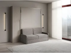 Cama dobrável vertical francesa Versia Sofà 140 com sofá, prateleira e guarda-roupa esquerdo de 1 porta Argilla