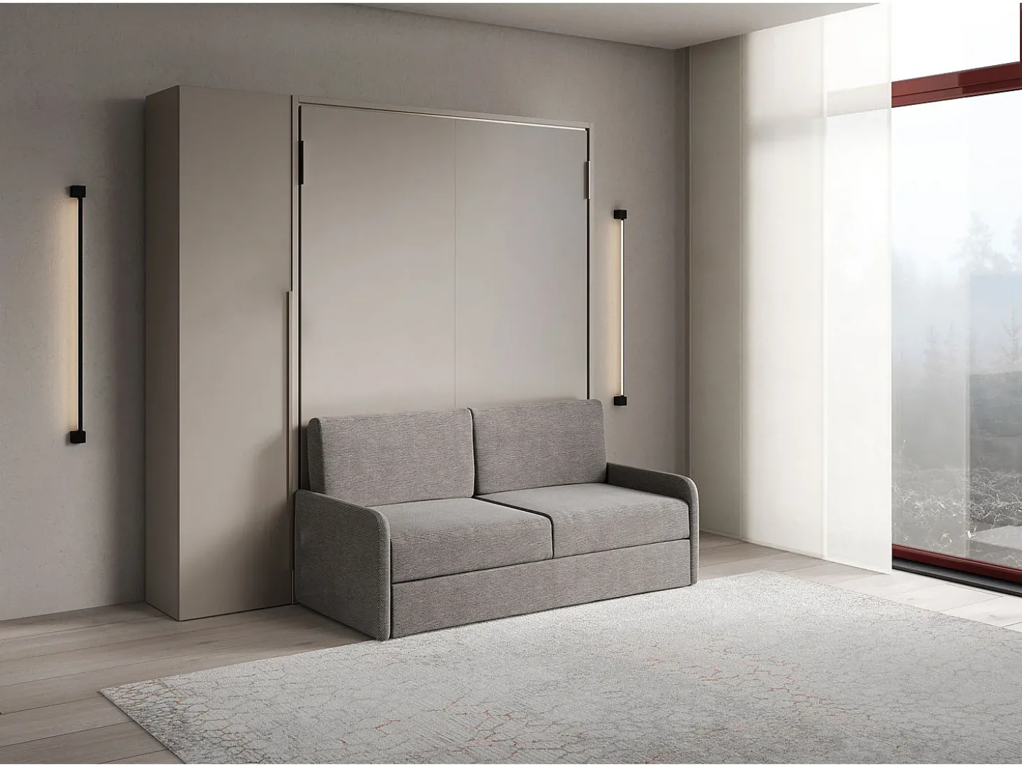 Cama dobrável vertical francesa Versia Sofà 140 com sofá, prateleira e guarda-roupa esquerdo de 1 porta Argilla