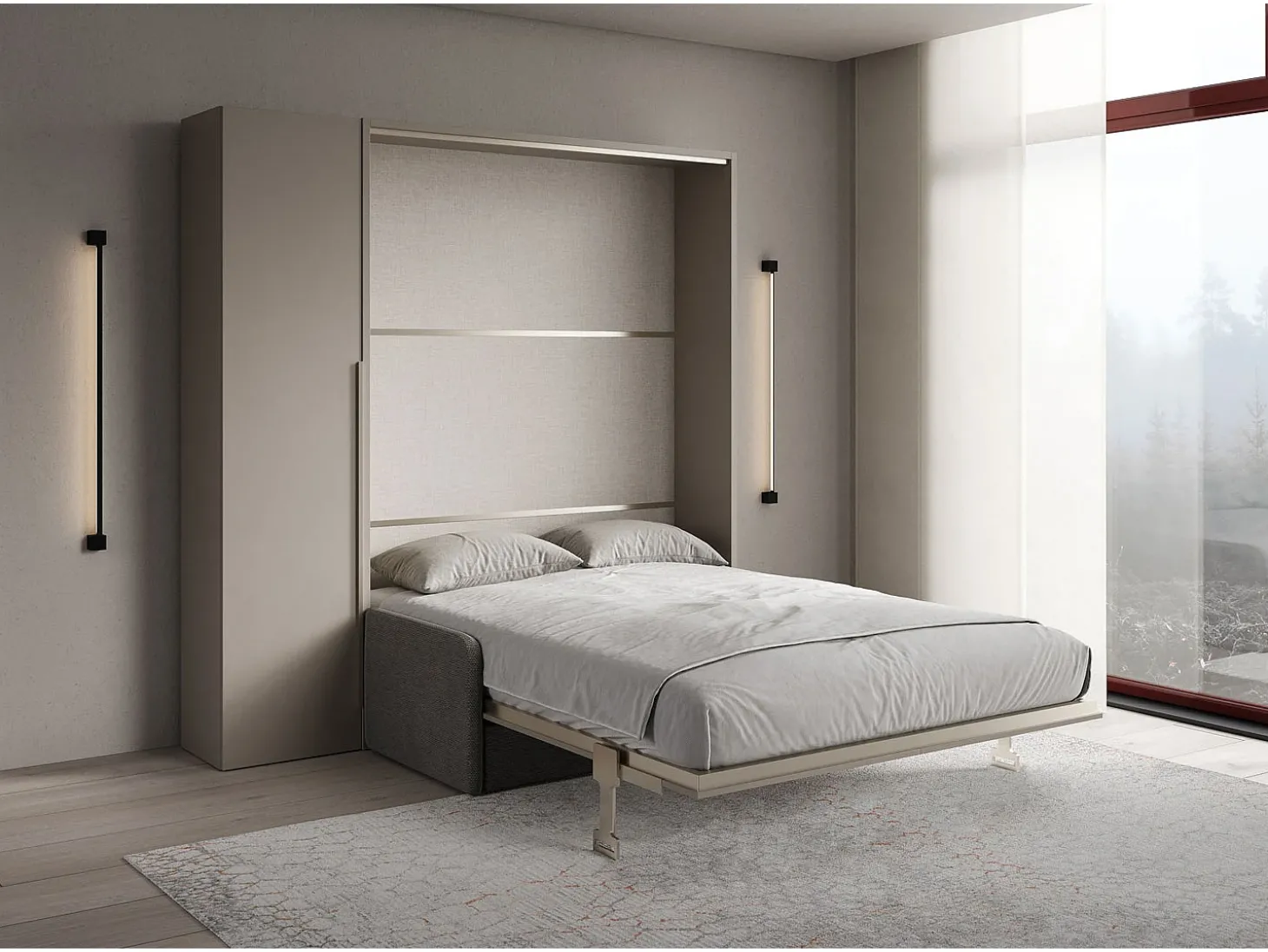 Cama dobrável vertical francesa Versia Sofà 140 com sofá, prateleira e guarda-roupa esquerdo de 1 porta Argilla
