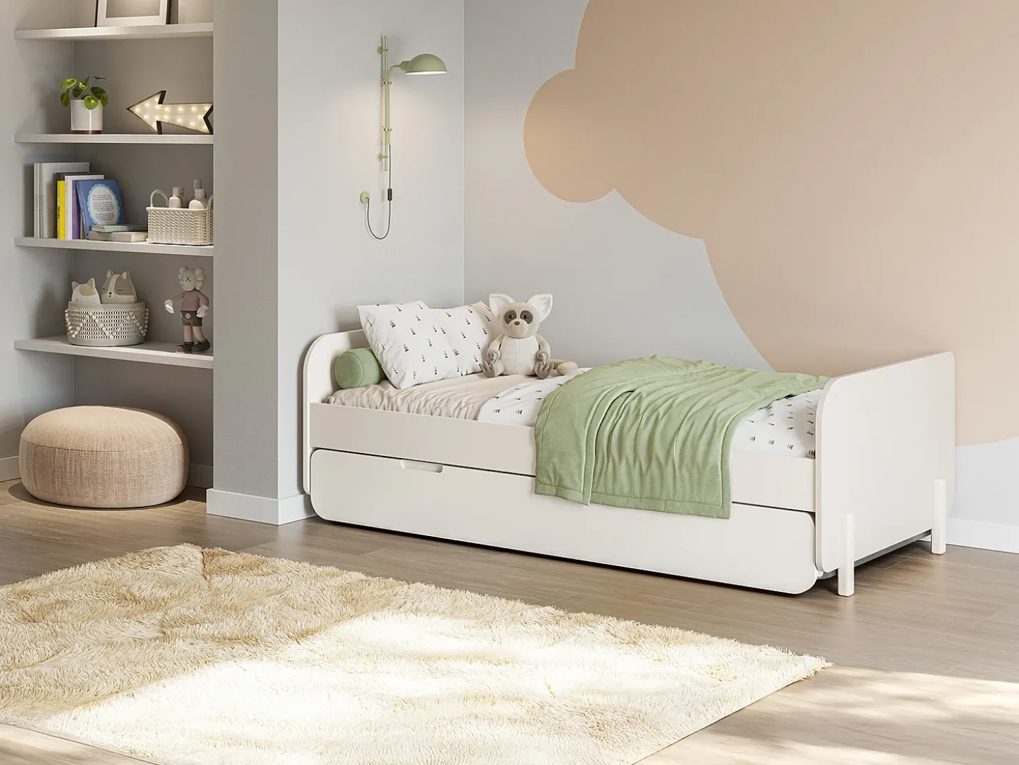 Cama dupla 2 x 90 x 190 cm em MDF e pinho cor natural clara e bege - TALUDO