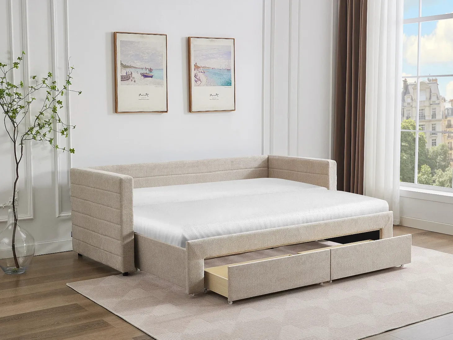 Cama dupla 2 x 80 x 200 cm estrado ripas pente e gavetas tecido texturizado bege CAMITY