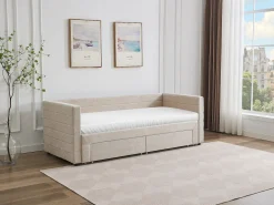 Cama dupla 2 x 80 x 200 cm estrado ripas pente e gavetas tecido texturizado bege CAMITY