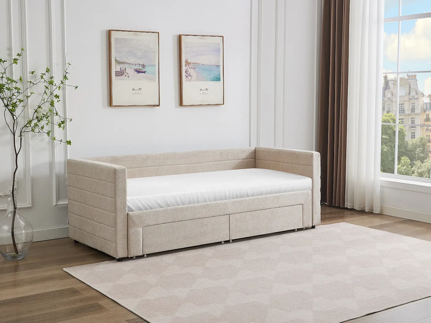 Cama dupla 2 x 80 x 200 cm estrado ripas pente e gavetas tecido texturizado bege CAMITY