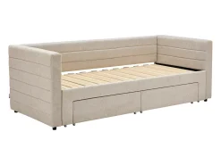 Cama dupla 2 x 80 x 200 cm estrado ripas pente e gavetas tecido texturizado bege CAMITY