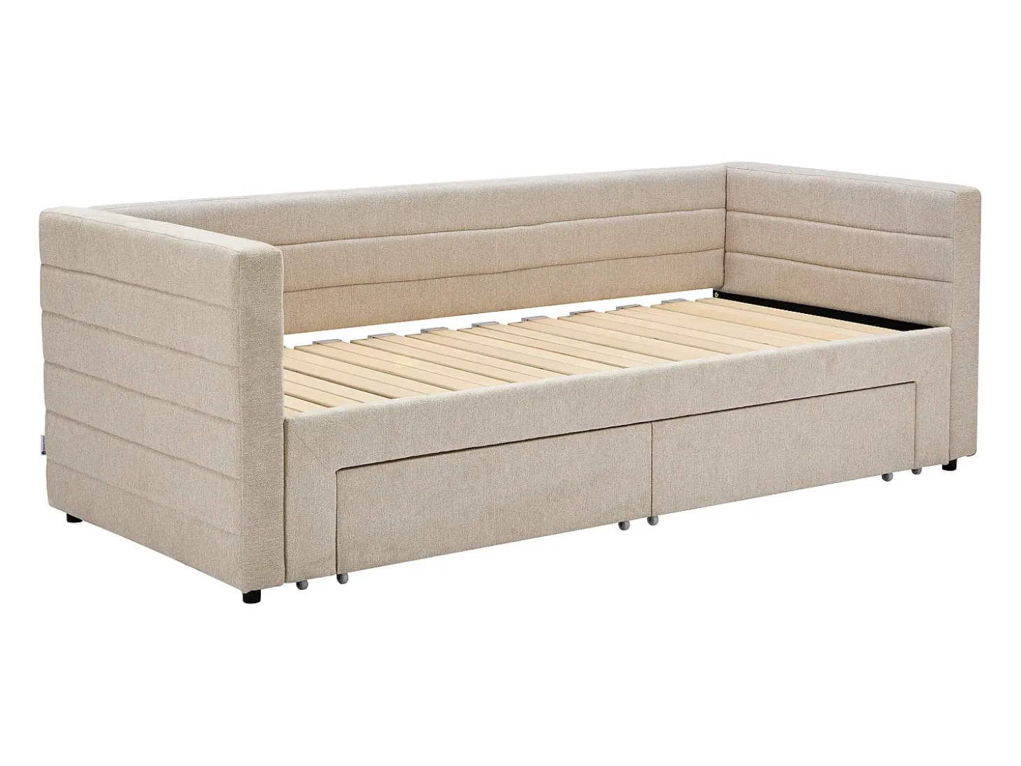Cama dupla 2 x 80 x 200 cm estrado ripas pente e gavetas tecido texturizado bege CAMITY
