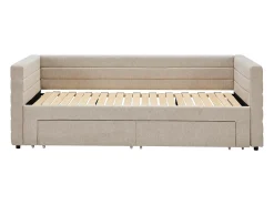 Cama dupla 2 x 80 x 200 cm estrado ripas pente e gavetas tecido texturizado bege CAMITY