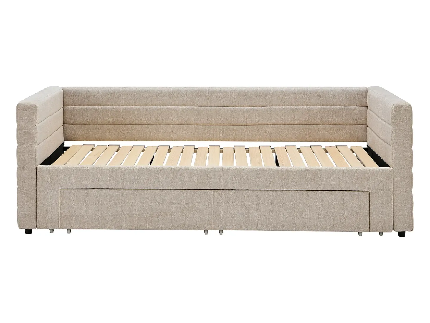 Cama dupla 2 x 80 x 200 cm estrado ripas pente e gavetas tecido texturizado bege CAMITY