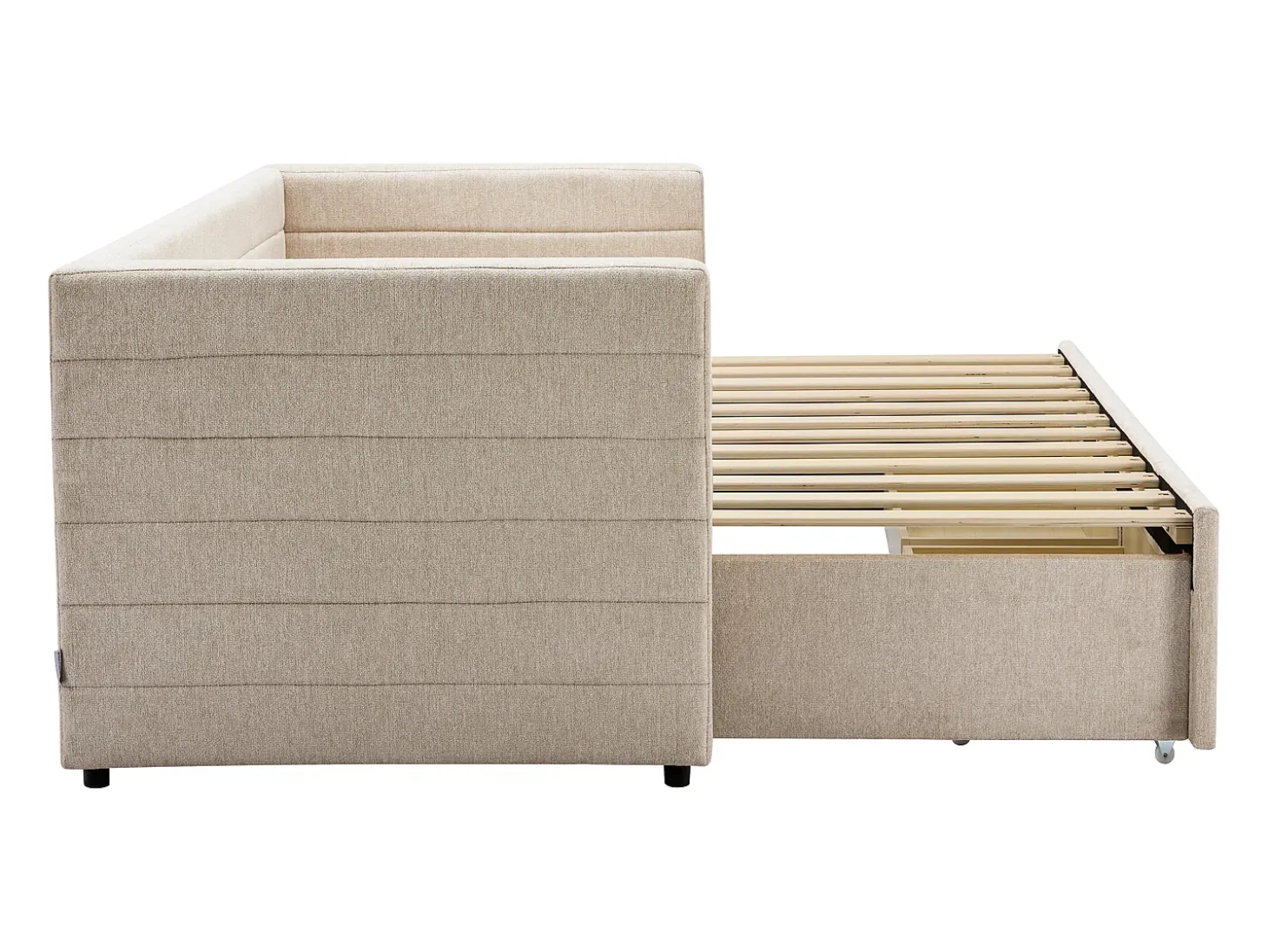 Cama dupla 2 x 80 x 200 cm estrado ripas pente e gavetas tecido texturizado bege CAMITY