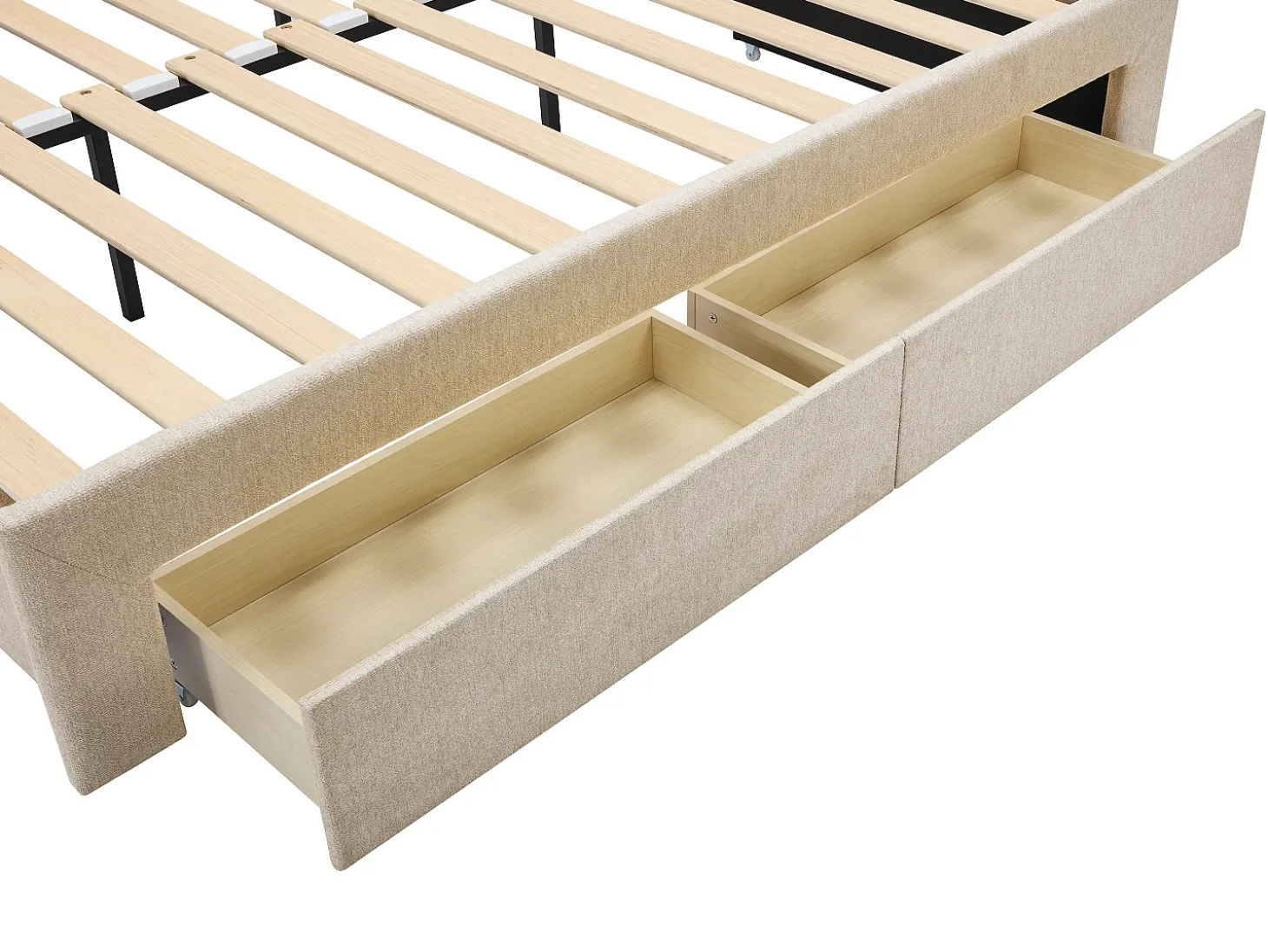 Cama dupla 2 x 80 x 200 cm estrado ripas pente e gavetas tecido texturizado bege CAMITY