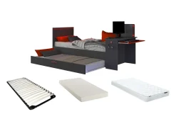 Cama dupla gamer 90 x 200 e 90 x 190cm secretária LEDs antracite e vermelho colchão VOUANI