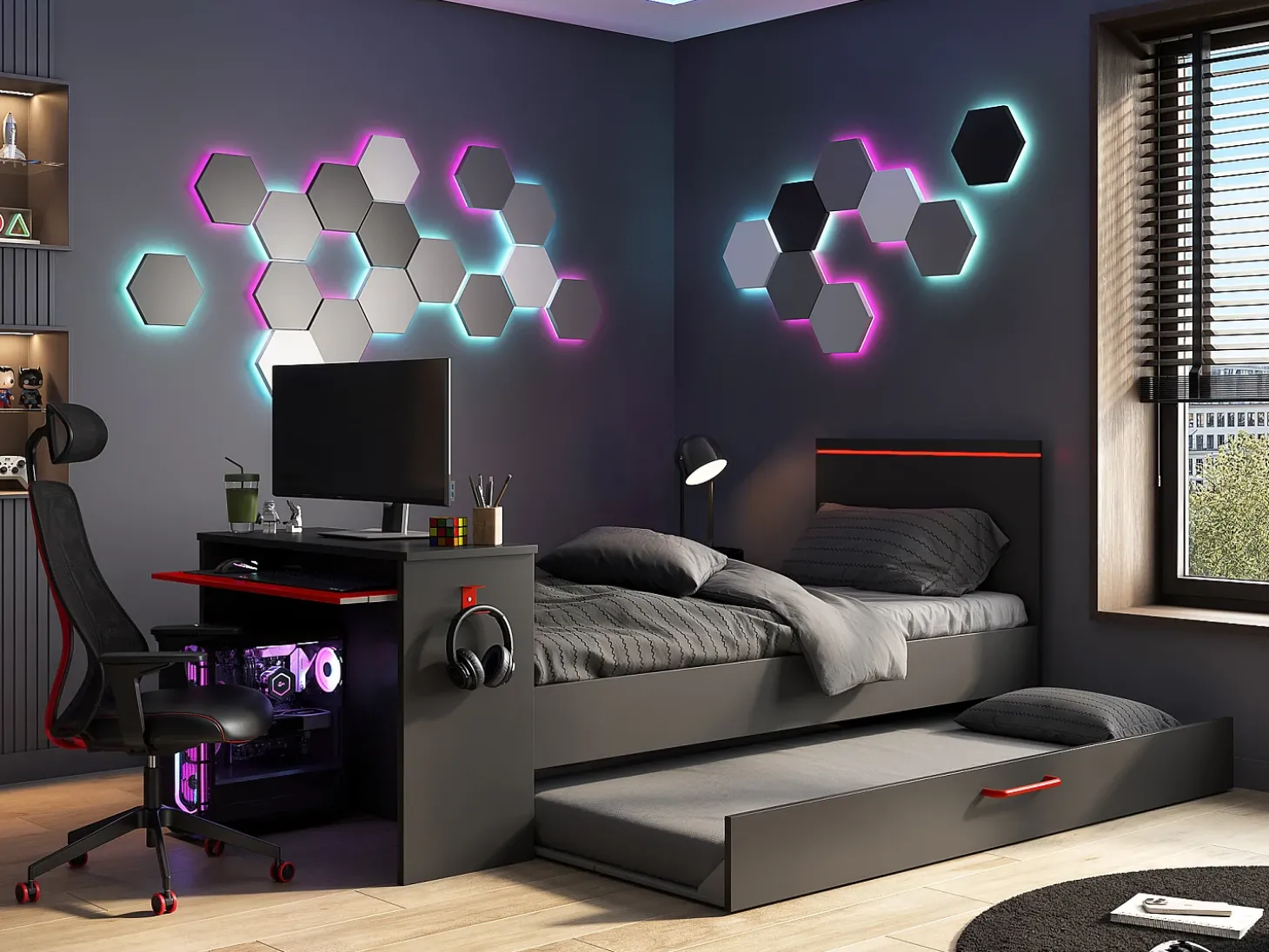 Cama dupla gamer 2 x 90 x 200 cm com secretária e LEDs antracite e vermelho - VOUANI