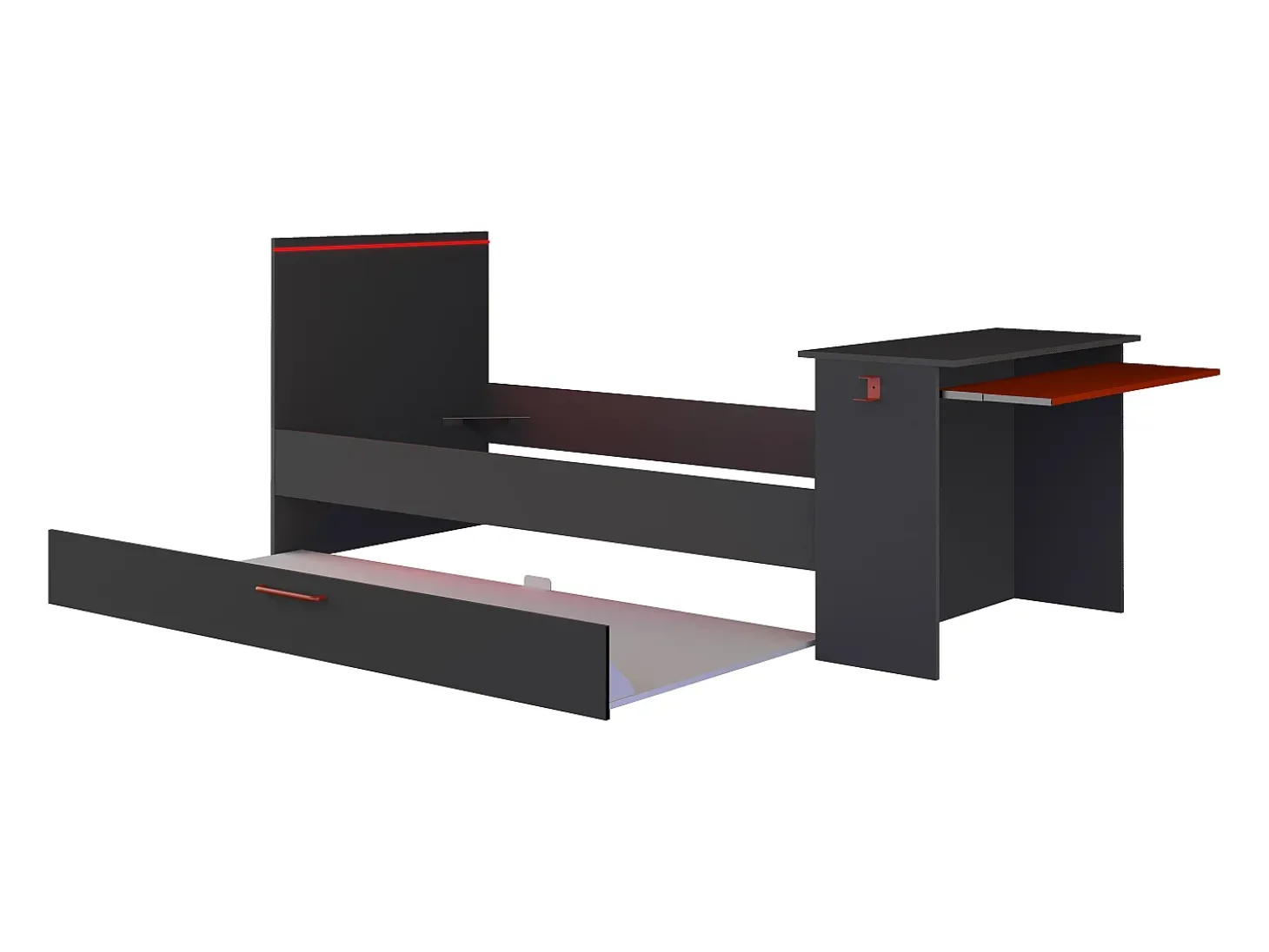 Cama dupla gamer 2 x 90 x 200 cm com secretária e LEDs antracite e vermelho - VOUANI