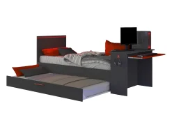 Cama dupla gamer 2 x 90 x 200 cm com secretária e LEDs antracite e vermelho - VOUANI