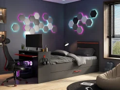 Cama dupla gamer 2 x 90 x 200 cm secretária e LEDs antracite e vermelho + sommier VOUANI