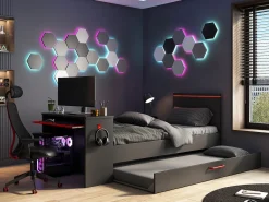 Cama dupla gamer 2 x 90 x 200 cm secretária e LEDs antracite e vermelho + sommier VOUANI