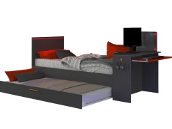 Cama dupla gamer 2 x 90 x 200 cm secretária e LEDs antracite e vermelho + sommier VOUANI