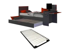 Cama dupla gamer 2 x 90 x 200 cm secretária e LEDs antracite e vermelho + sommier VOUANI