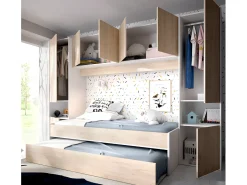 Cama dupla, móvel de cama, espaços de arrumação 90 x 190 cm - Branco e carvalho - Com colchões. SELENA