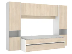Cama dupla, móvel de cama, espaços de arrumação 90 x 190 cm - Branco e carvalho - Com colchões. SELENA
