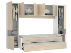 Cama dupla, móvel de cama, espaços de arrumação 90 x 190 cm - Branco e carvalho - Com colchões. SELENA