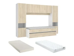 Cama dupla, móvel de cama, espaços de arrumação 90 x 190 cm - Branco e carvalho - Com colchões. SELENA