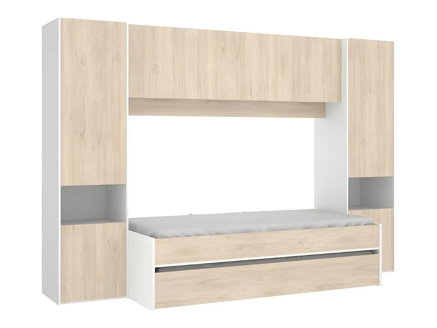 Cama dupla, móvel de cama, espaços de arrumação 90 x 190 cm - branco e carvalho - SELENA