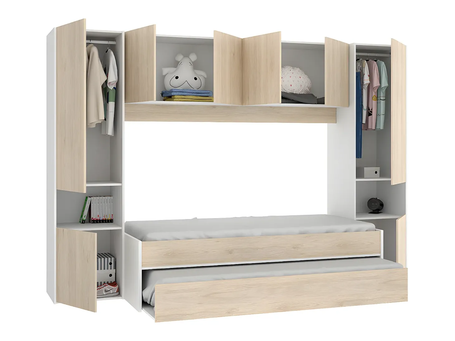 Cama dupla, móvel de cama, espaços de arrumação 90 x 190 cm - branco e carvalho - SELENA