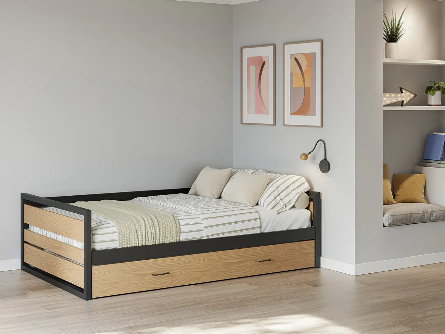 Cama dupla 90x200 e 120x200 cm MDF, pinho e metal natural e antracite + colchão BOSTON