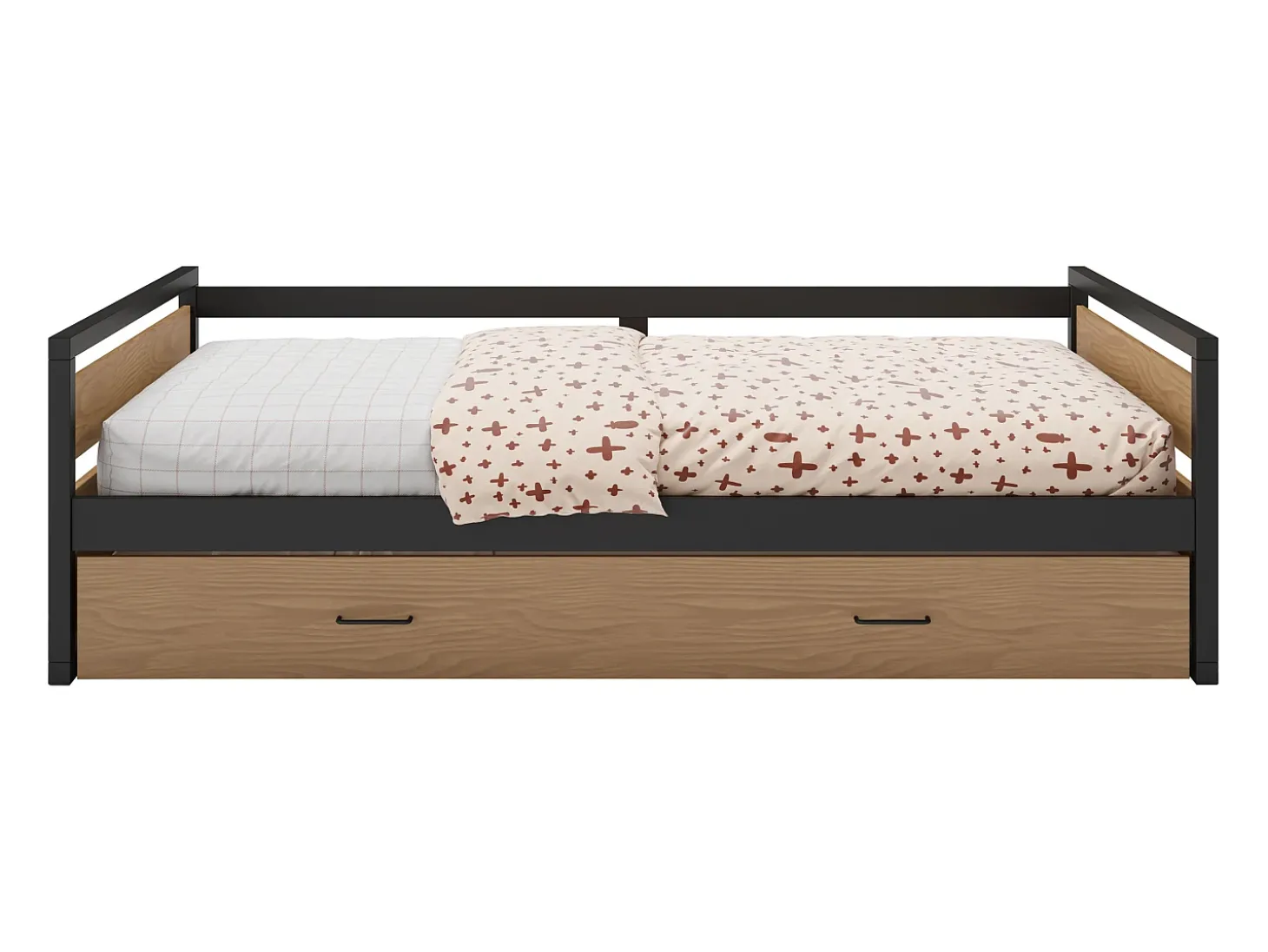 Cama dupla 90x200 e 120x200 cm MDF, pinho e metal natural e antracite + colchão BOSTON