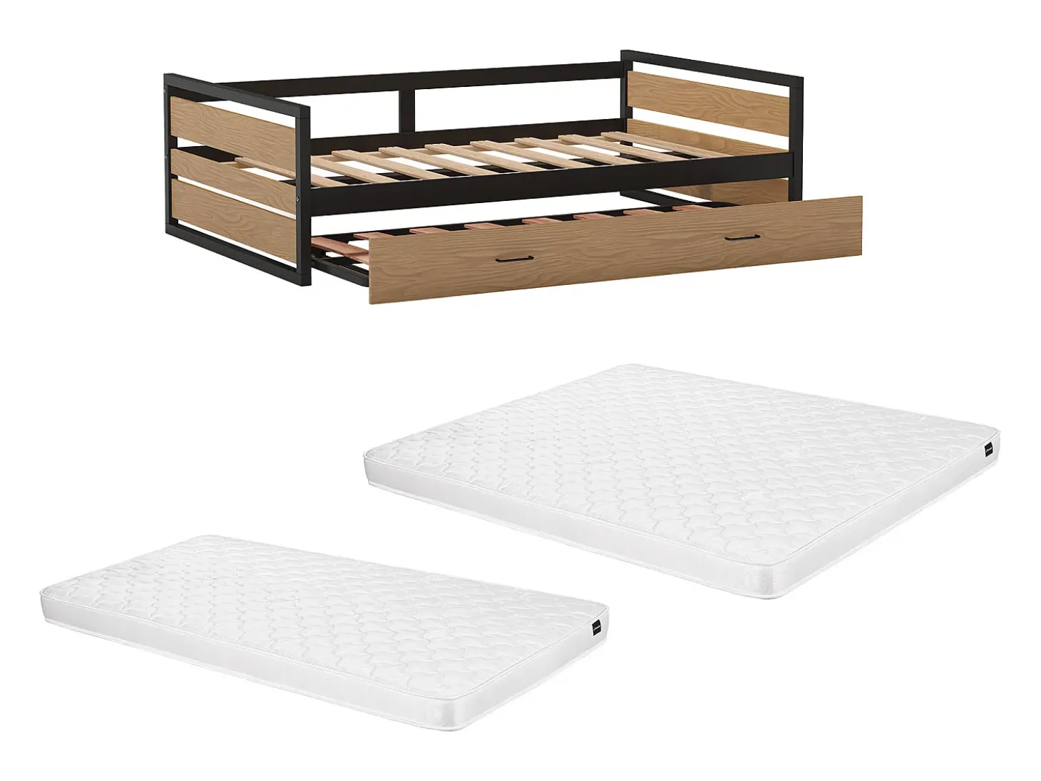 Cama dupla 90x200 e 120x200 cm MDF, pinho e metal natural e antracite + colchão BOSTON