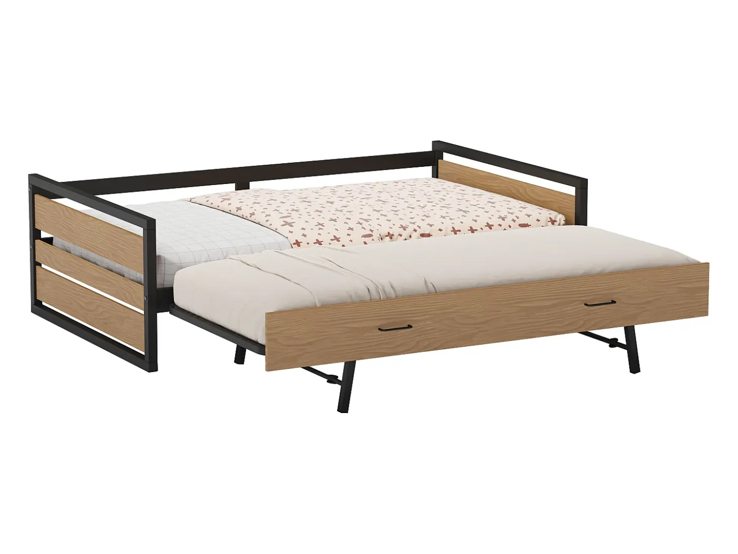Cama dupla 120x200 e 90x200 cm MDF, pinho e metal natural e antracite - BOSTON
