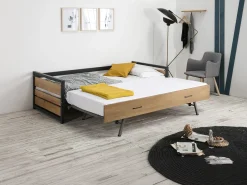 Cama dupla 90x190cm MDF pinho e metal Castanho noz e antracite estilo industrial - BOSTON
