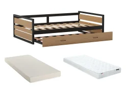 Cama dupla 90x190cm MDF pinho e metal Castanho noz e antracite estilo industrial + Colchão - BOSTON