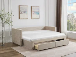 Cama dupla 2x80x200 cm estrado ripas e gavetas tecido texturizado bege + colchão CAMITY