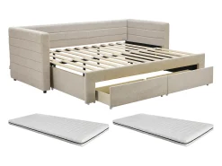 Cama dupla 2x80x200 cm estrado ripas e gavetas tecido texturizado bege + colchão CAMITY