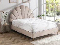 Cama em formato de concha, 140 x 190 cm, em veludo bege + colchão - LIVAYA
