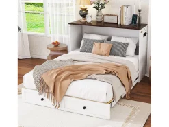 Cama embutida 140 x 200 cm com 2 gavetas e prateleira na cabeceira da cama - Madeira de pinho e MDF - Tomada USB - Branco
