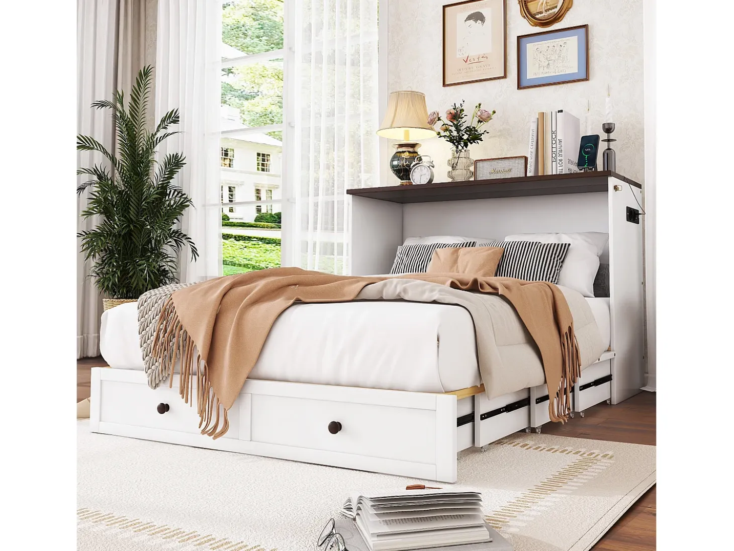 Cama embutida 140 x 200 cm com 2 gavetas e prateleira na cabeceira da cama - Madeira de pinho e MDF - Tomada USB - Branco
