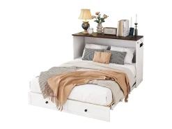 Cama embutida 140 x 200 cm com 2 gavetas e prateleira na cabeceira da cama - Madeira de pinho e MDF - Tomada USB - Branco