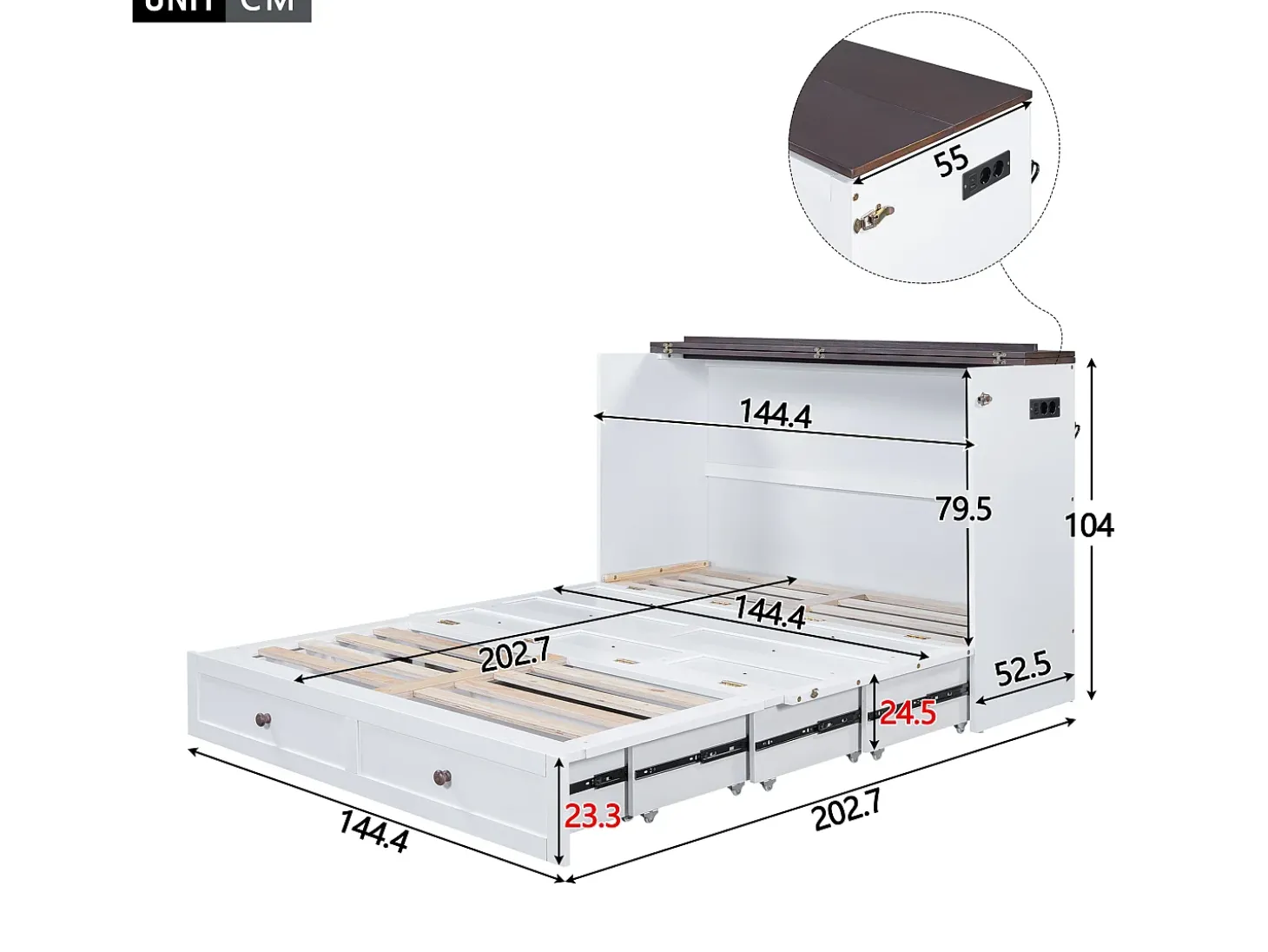 Cama embutida 140 x 200 cm com 2 gavetas e prateleira na cabeceira da cama - Madeira de pinho e MDF - Tomada USB - Branco