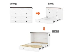Cama embutida 140 x 200 cm com 2 gavetas e prateleira na cabeceira da cama - Madeira de pinho e MDF - Tomada USB - Branco