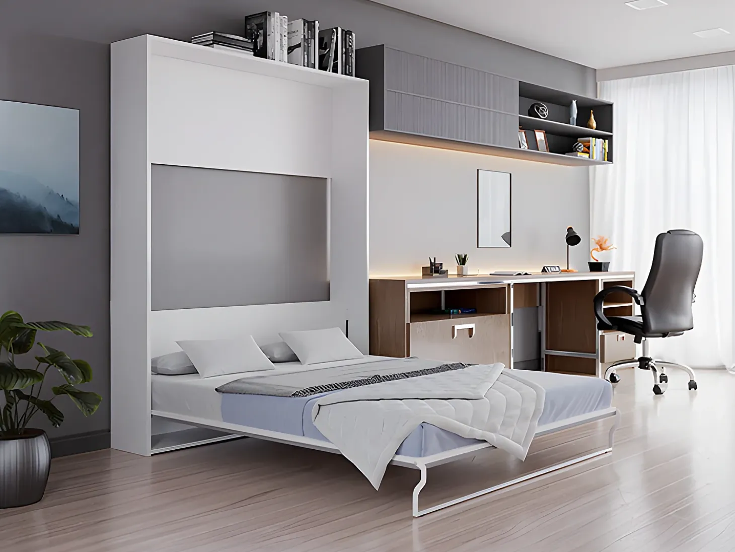 Cama embutida retrátil vertical 160 x 200 cm cinza e branca com colchão - MALINA II