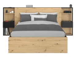 Cama espaço arrumação e mesas cabeceira 140x190 cm cor natural e preto + colchão LUDARO